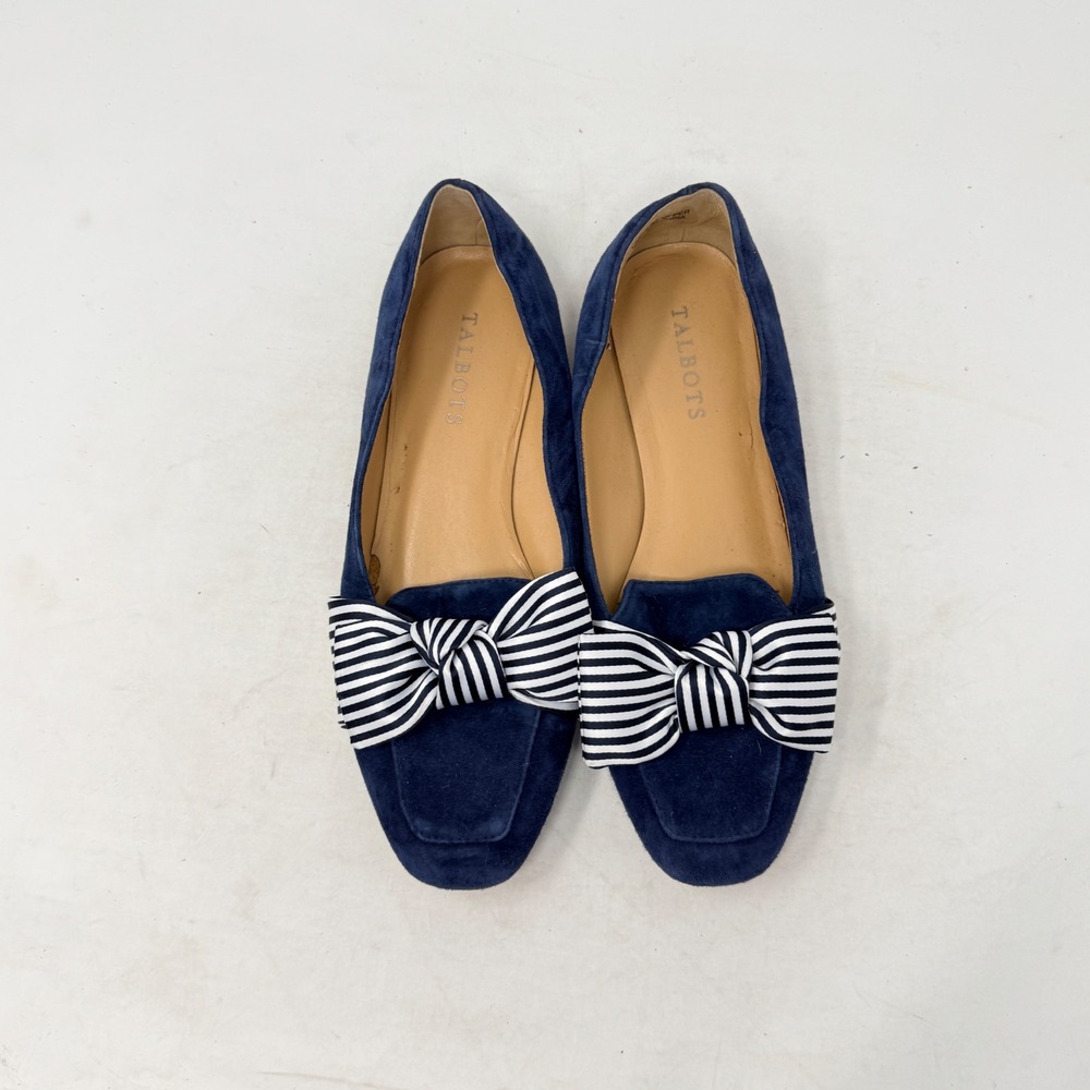 Talbots Flats Navy Blue Suede 7.5M Striped Bow Square Toe Loafers Preppy Classic - Picture 3 of 10